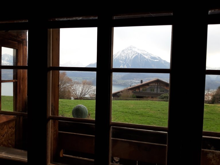 Blick nach draussen auf den Niesen und den Thunersee | © 2021 ALPHAVISION