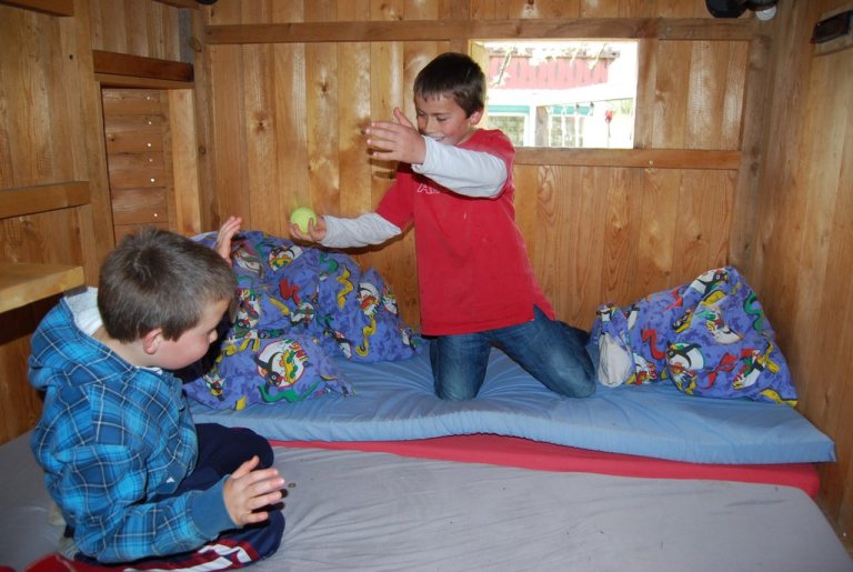 Micha und Daniel spielen gerne in ihrem Baumhaus.